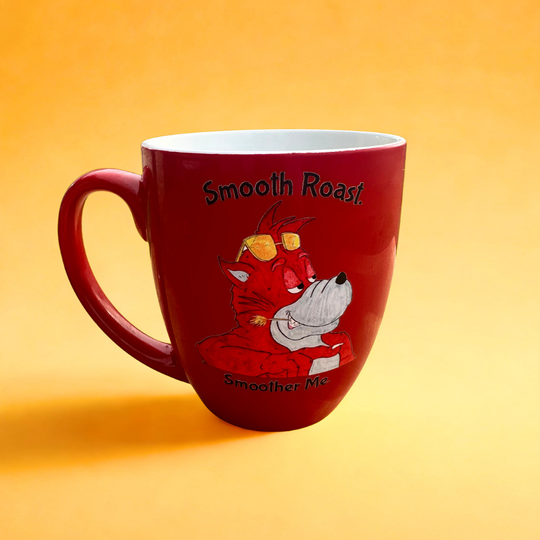 A red ceramic coffee mug with a cartoon wolf character, Wally Wolf, and the text 'Smooth Roast' and 'Smooher Mc', set against a warm yellow-orange gradient background.