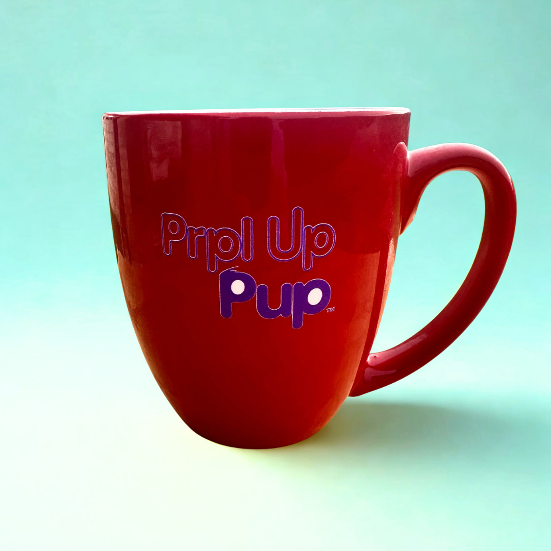 A glossy red ceramic coffee mug with the words 'Ppl Up Pup' printed on the front in purple and white, set against a light teal gradient background.