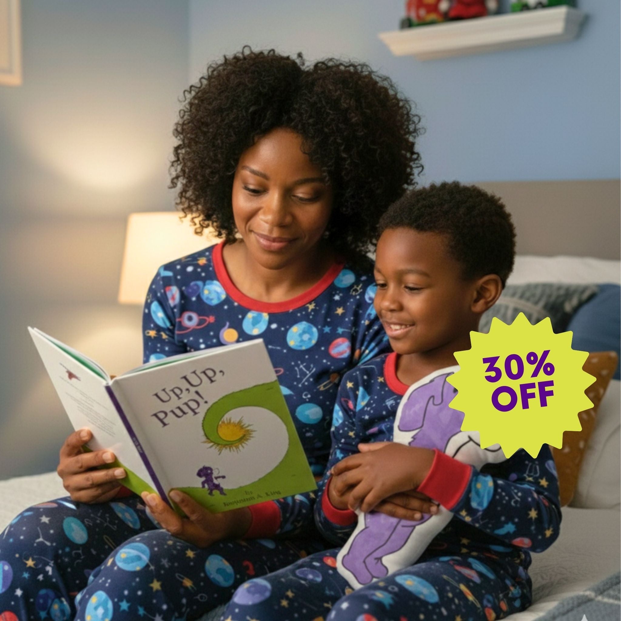 Woman and child reading a book together in pajamas with a 30% off label.