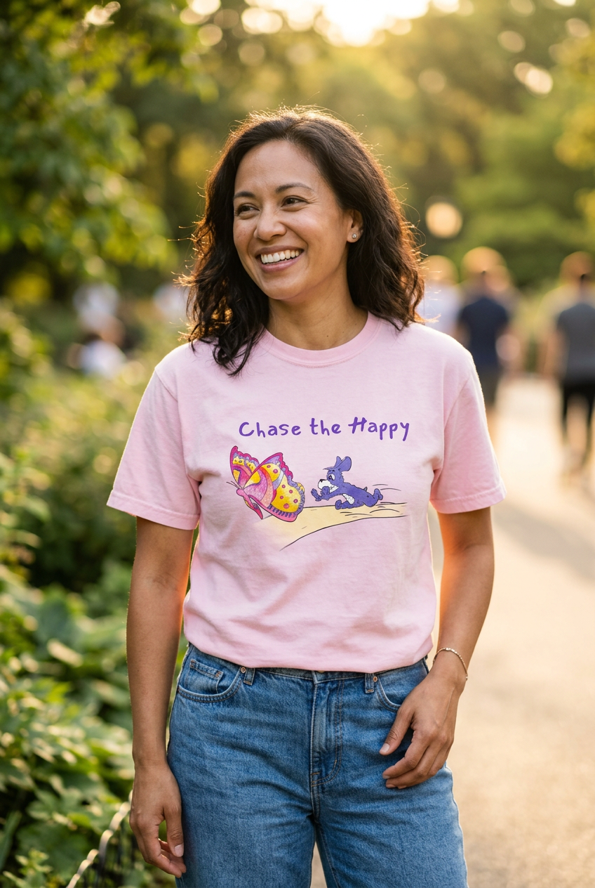 Woman wearing a pink Chase the Happy adult T-shirt outdoors in a sunny park.