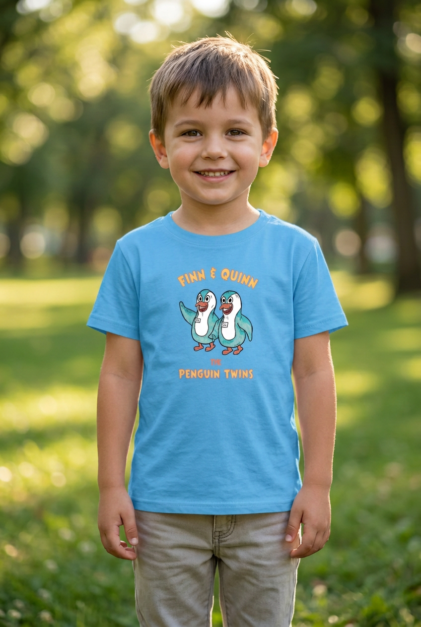 Child wearing an Aqua Finn & Quinn Penguin Twins T-shirt outdoors in a park.