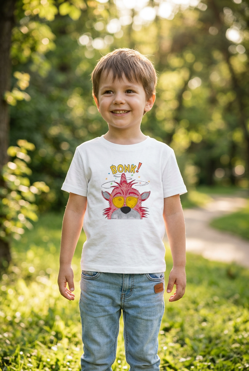 Child wearing a white Wally's Headache T-shirt with the BONK! graphic outdoors in a park.