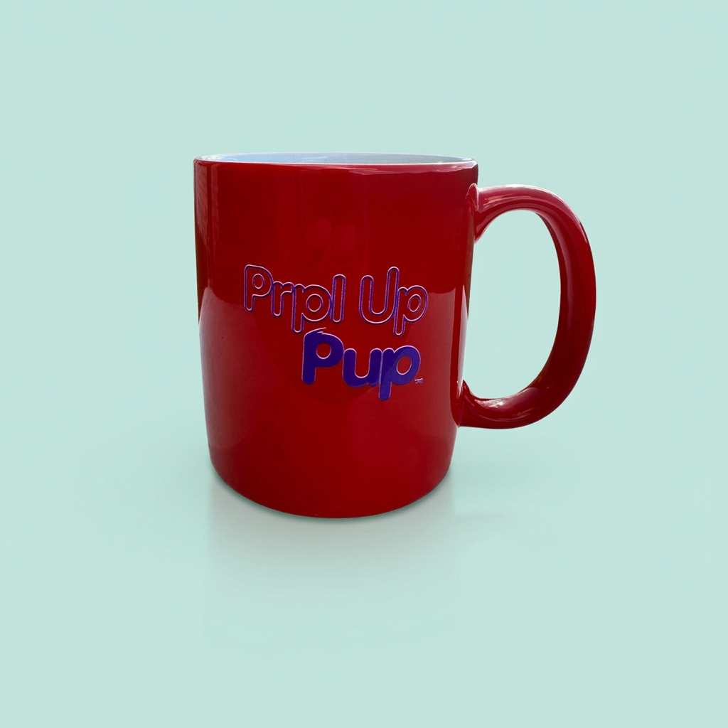 Vermilion Pig-o'-lantern mug showing the Prpl Up Pup logo on a pale teal background