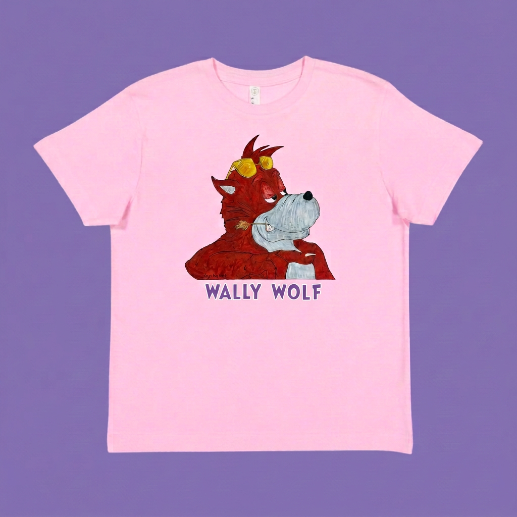 Pink Smooth Wally Wolf kids T-shirt with purple lettering outlined in white on a purple background.