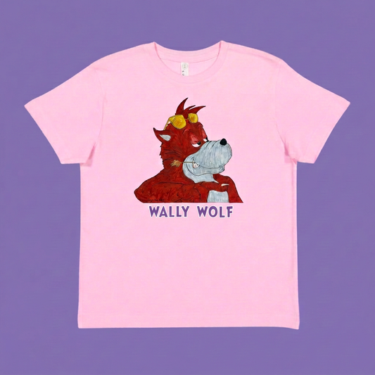 Pink Smooth Wally Wolf kids T-shirt with purple lettering outlined in white on a purple background.