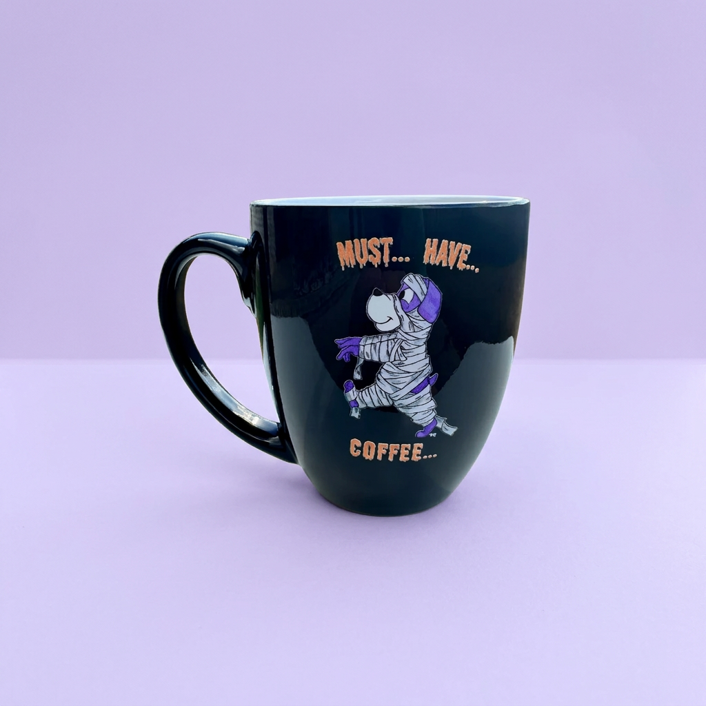 Black Pup mummy costume mug on a light lavender background, front view