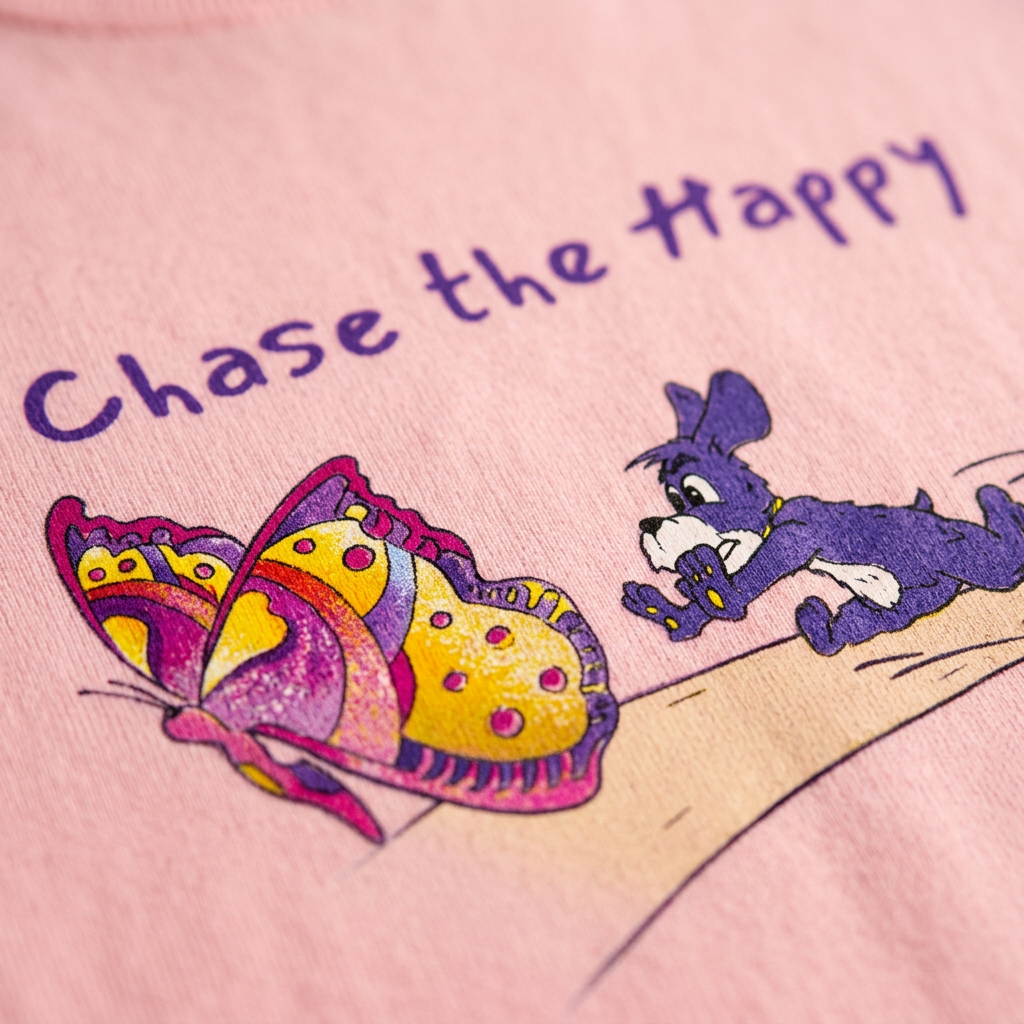 Close-up of the purple pup, colorful butterfly, and Chase the Happy lettering on pink fabric.