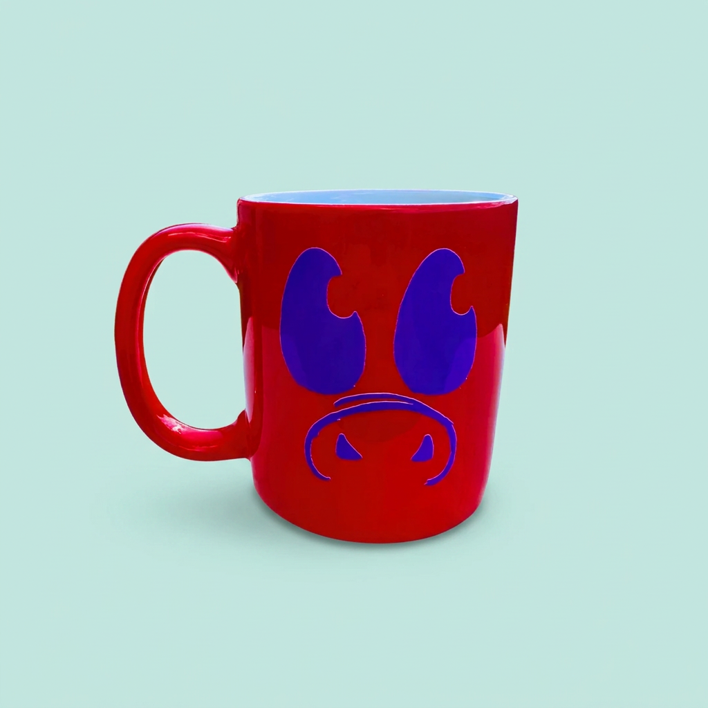 Vermilion Pig-o'-lantern mug with purple pig face on a pale teal background