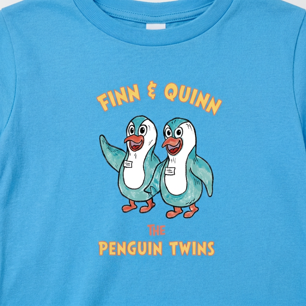 Close-up of Finn and Quinn penguins and Penguin Twins lettering on an Aqua kids T-shirt.