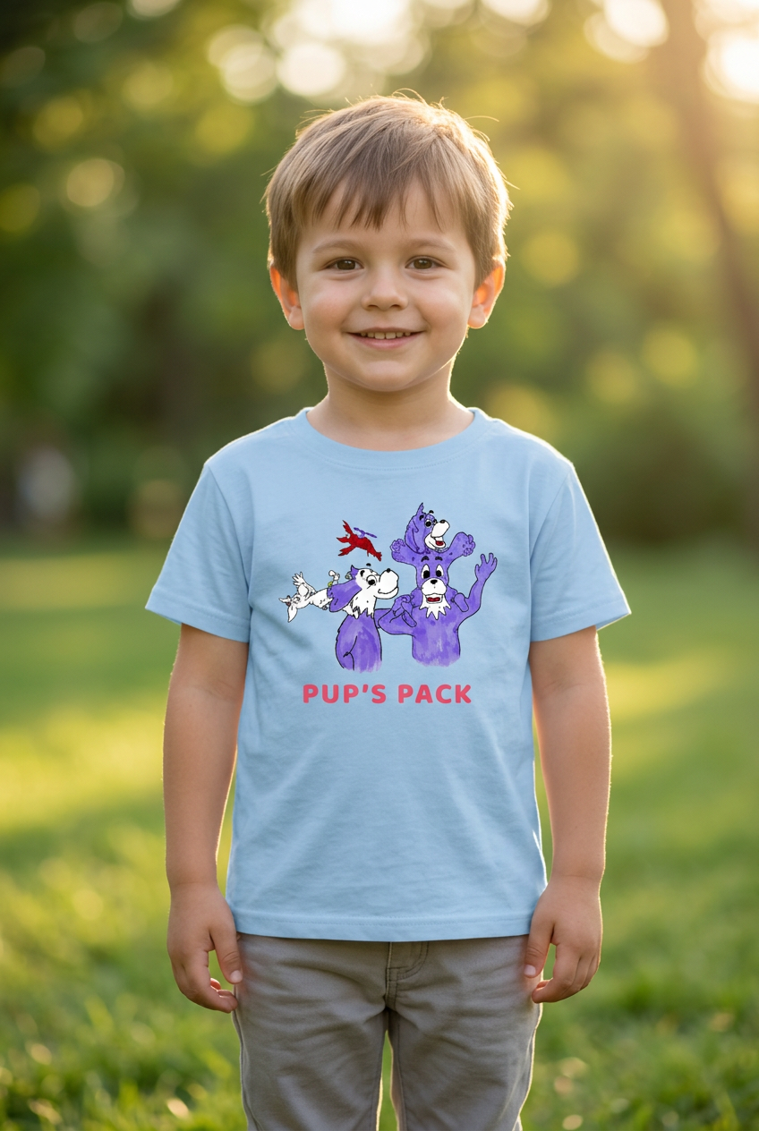 Child wearing a light blue Pup's Pack T-shirt with a purple dog family graphic outdoors in a park.