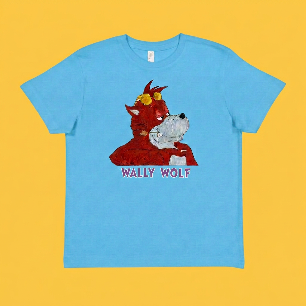 Aqua Smooth Wally Wolf kids T-shirt with purple lettering outlined in white on a solid yellow background.