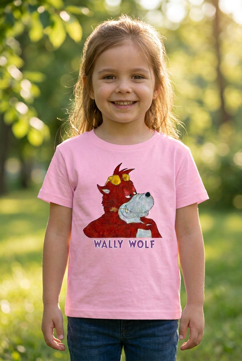 Girl wearing a pink Smooth Wally Wolf T-shirt with purple lettering outlined in white in a sunny park.