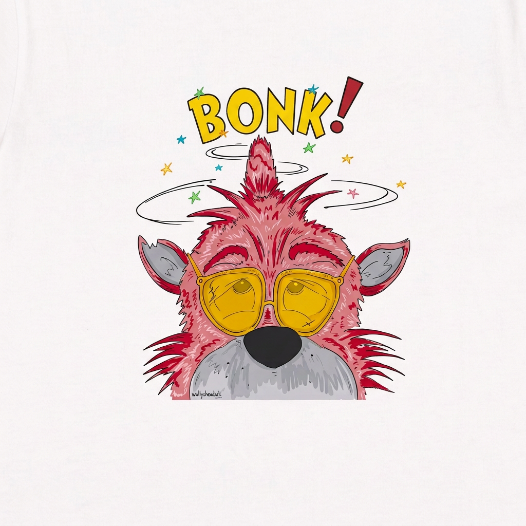 Close-up of Wally in yellow glasses with yellow BONK letters and red punctuation on a white T-shirt.